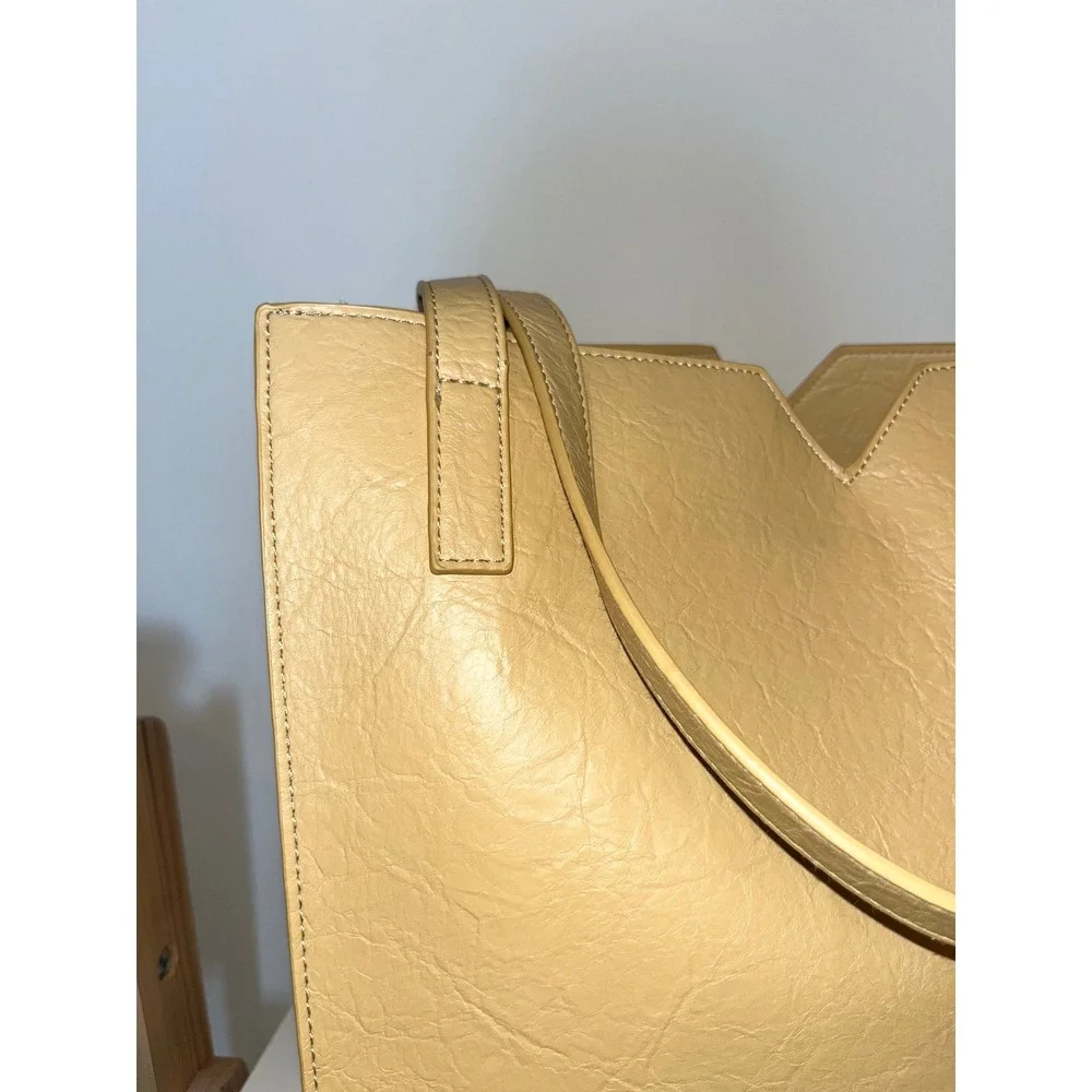 PIXIE MOOD Alicia Tote Bag Vegan Leather Geometric V Cut Soft Yellow Drop Handle